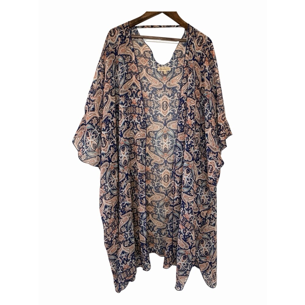 Democracy Paisley Kimono Caftan 2X Navy Blush Boho Open Front EUC - Picture 2 of 5